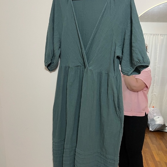 Madewell teal wrap front puff sleeve cotton dress - Picture 3 of 5